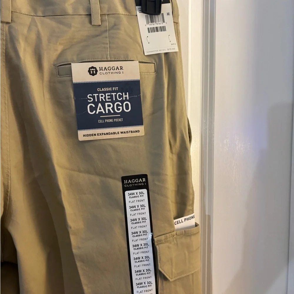 Men's Haggar Stretch Tan Cargo Pants Sz 34X30 NWT
